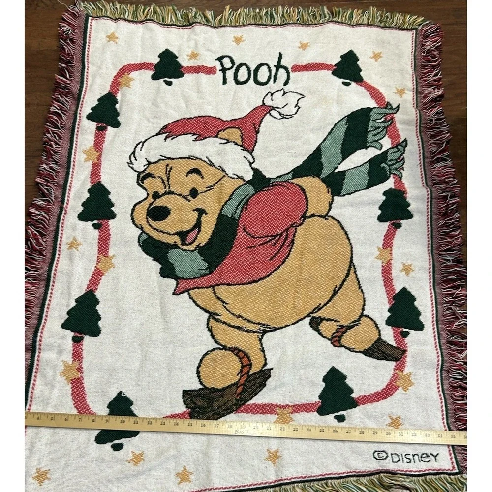 Disney Vintage Winnie the Pooh Skating Tapestry Afghan Throw Blanket Christmas